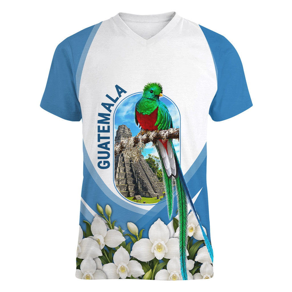 Guatemala Women V-Neck T-Shirt Quetzal Mayan Ruins Orchid Flag