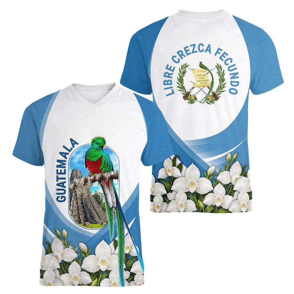 Guatemala Women V-Neck T-Shirt Quetzal Mayan Ruins Orchid Flag