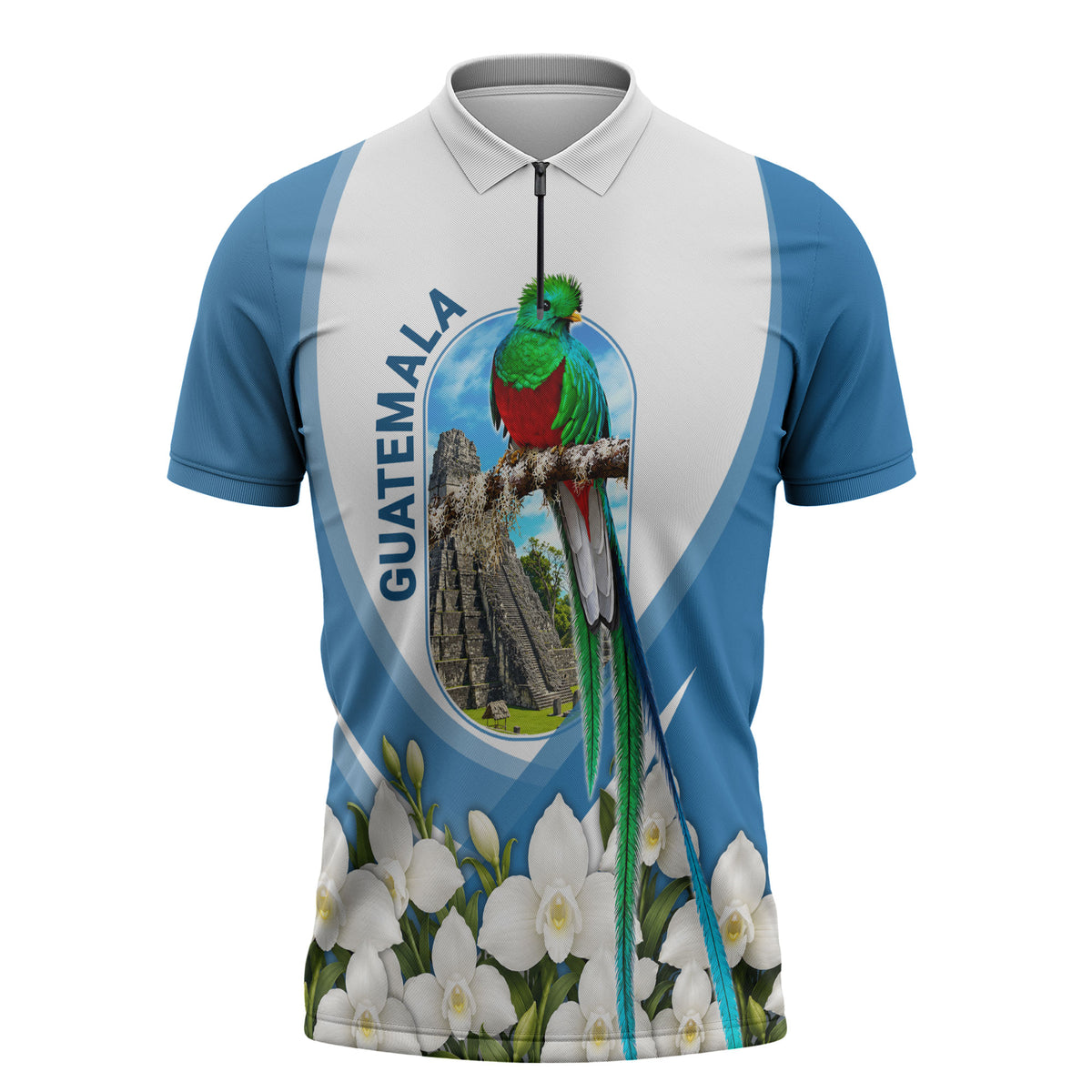 Guatemala Zipper Polo Shirt Quetzal Mayan Ruins Orchid Flag