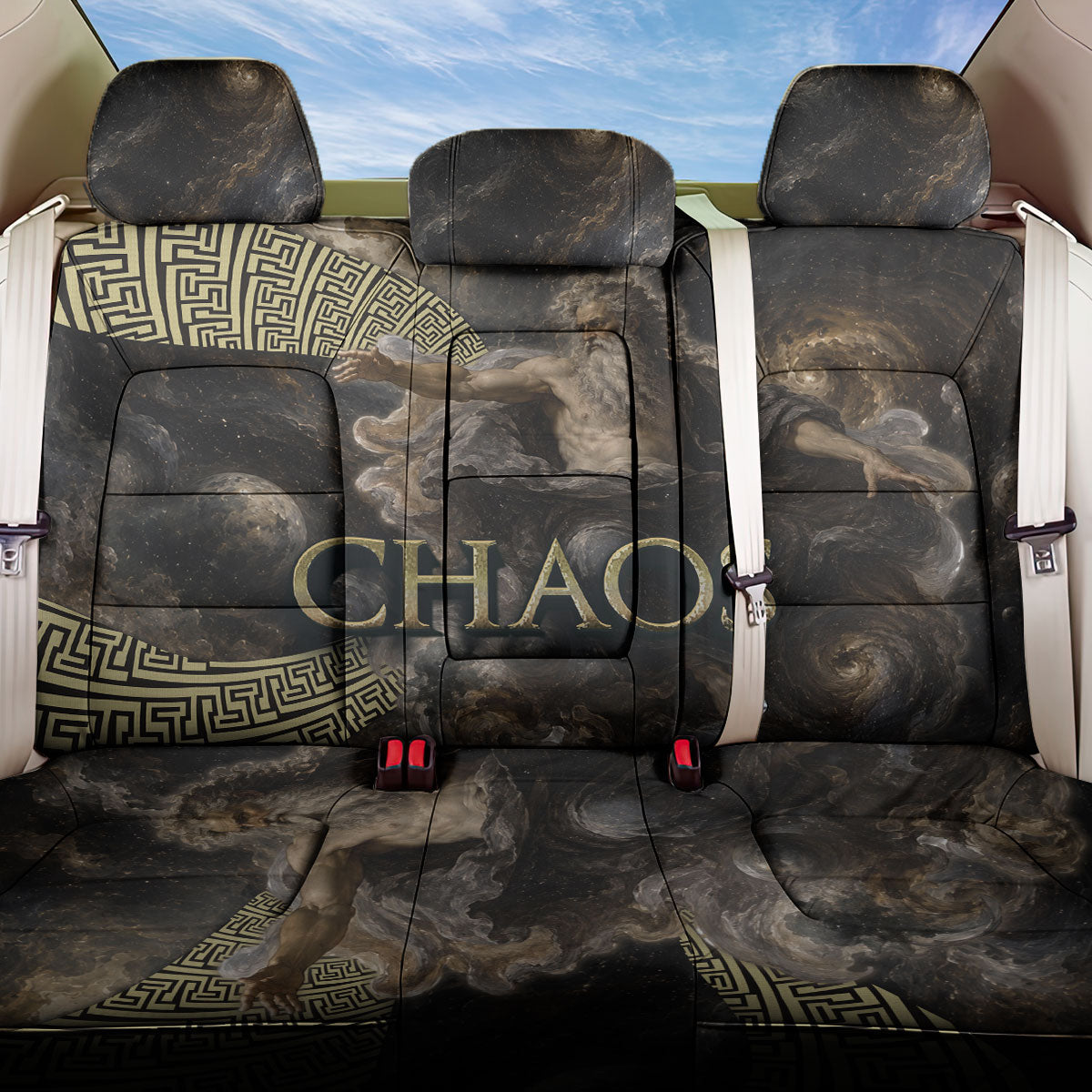 Greek God Of Chaos Back Car Seat Cover Cosmic Nebula Classical Art Greek Key Pattern