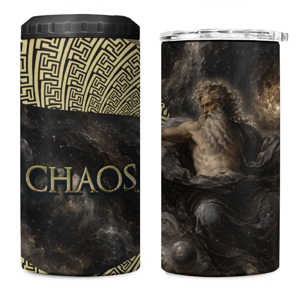 Greek God Of Chaos 4 in 1 Can Cooler Tumbler Cosmic Nebula Classical Art Greek Key Pattern