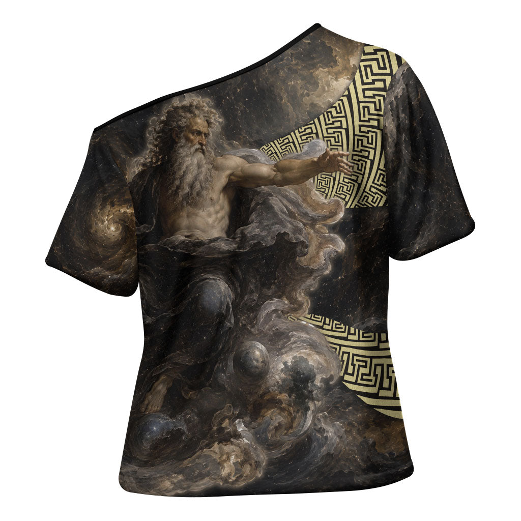 Greek God Of Chaos Cross Shoulder Shirt Cosmic Nebula Classical Art Greek Key Pattern