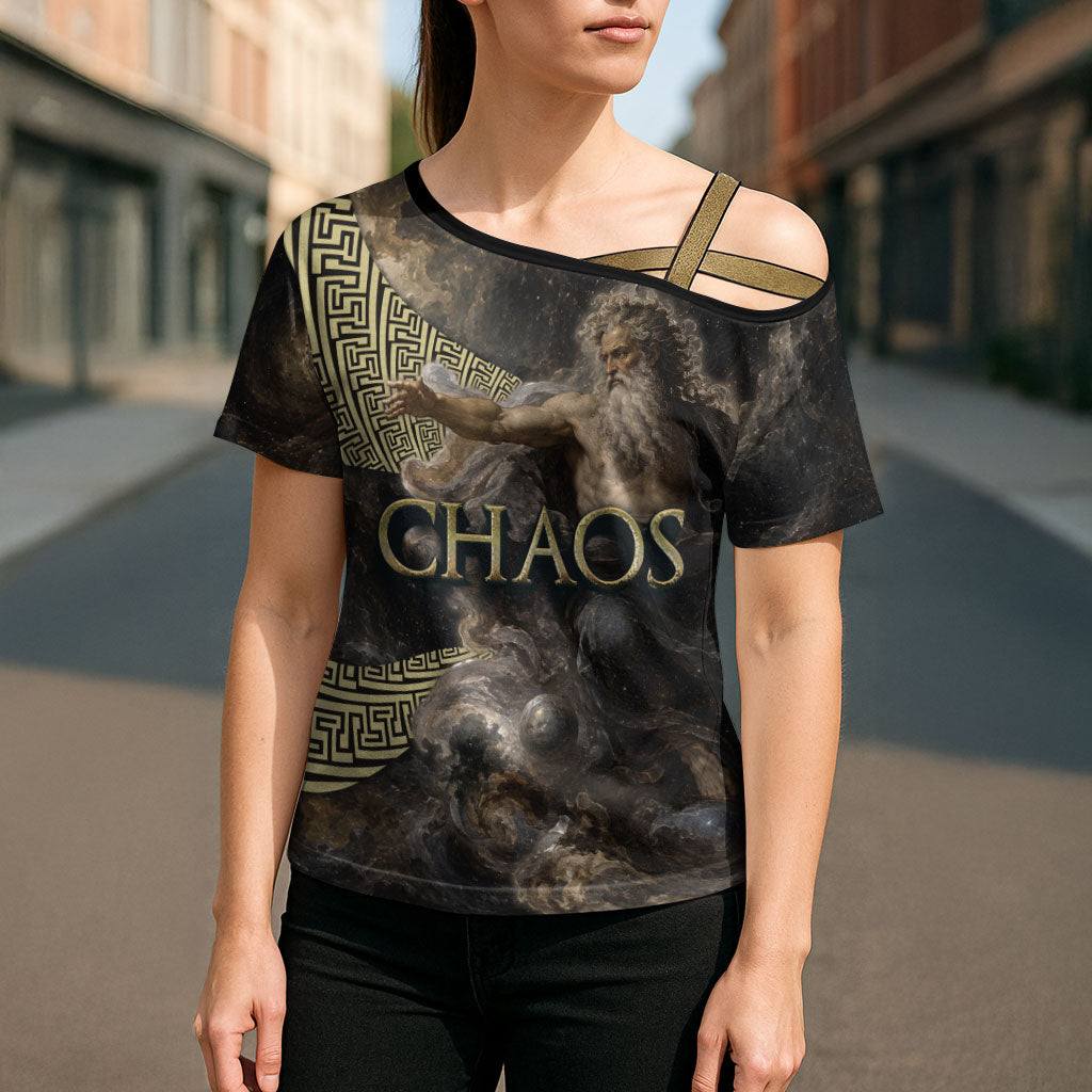 Greek God Of Chaos Cross Shoulder Shirt Cosmic Nebula Classical Art Greek Key Pattern