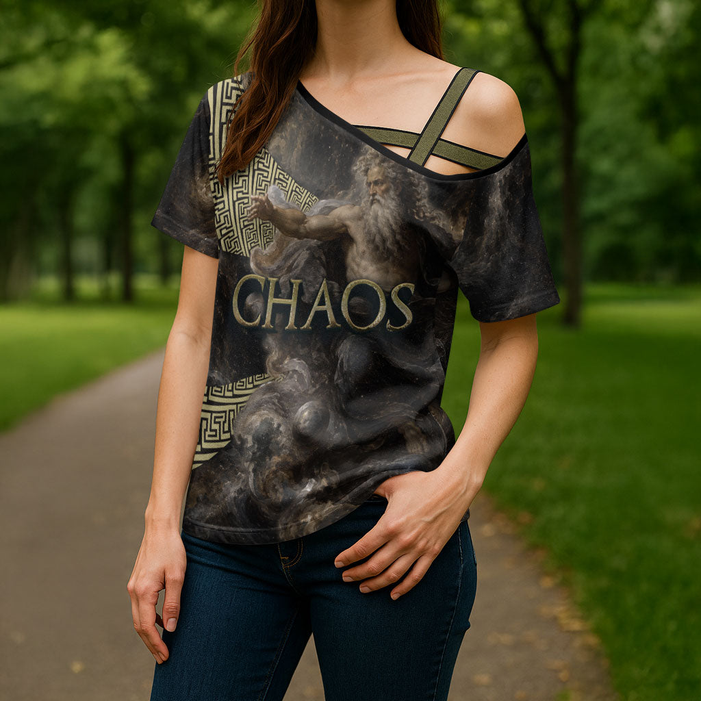 Greek God Of Chaos Cross Shoulder Shirt Cosmic Nebula Classical Art Greek Key Pattern