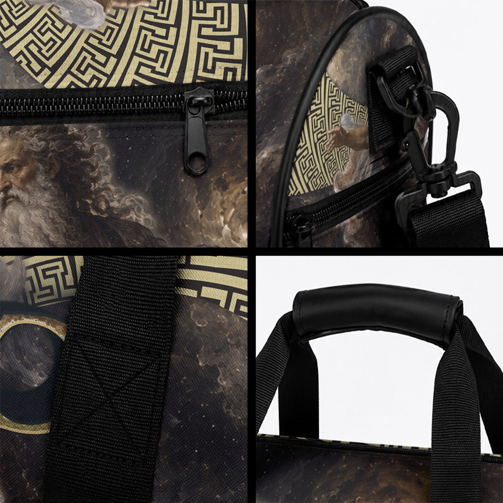 Greek God Of Chaos Duffle Bag Cosmic Nebula Classical Art Greek Key Pattern