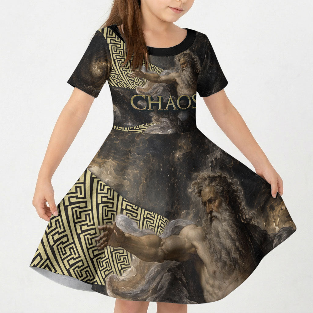 Greek God Of Chaos Kid Short Sleeve Dress Cosmic Nebula Classical Art Greek Key Pattern