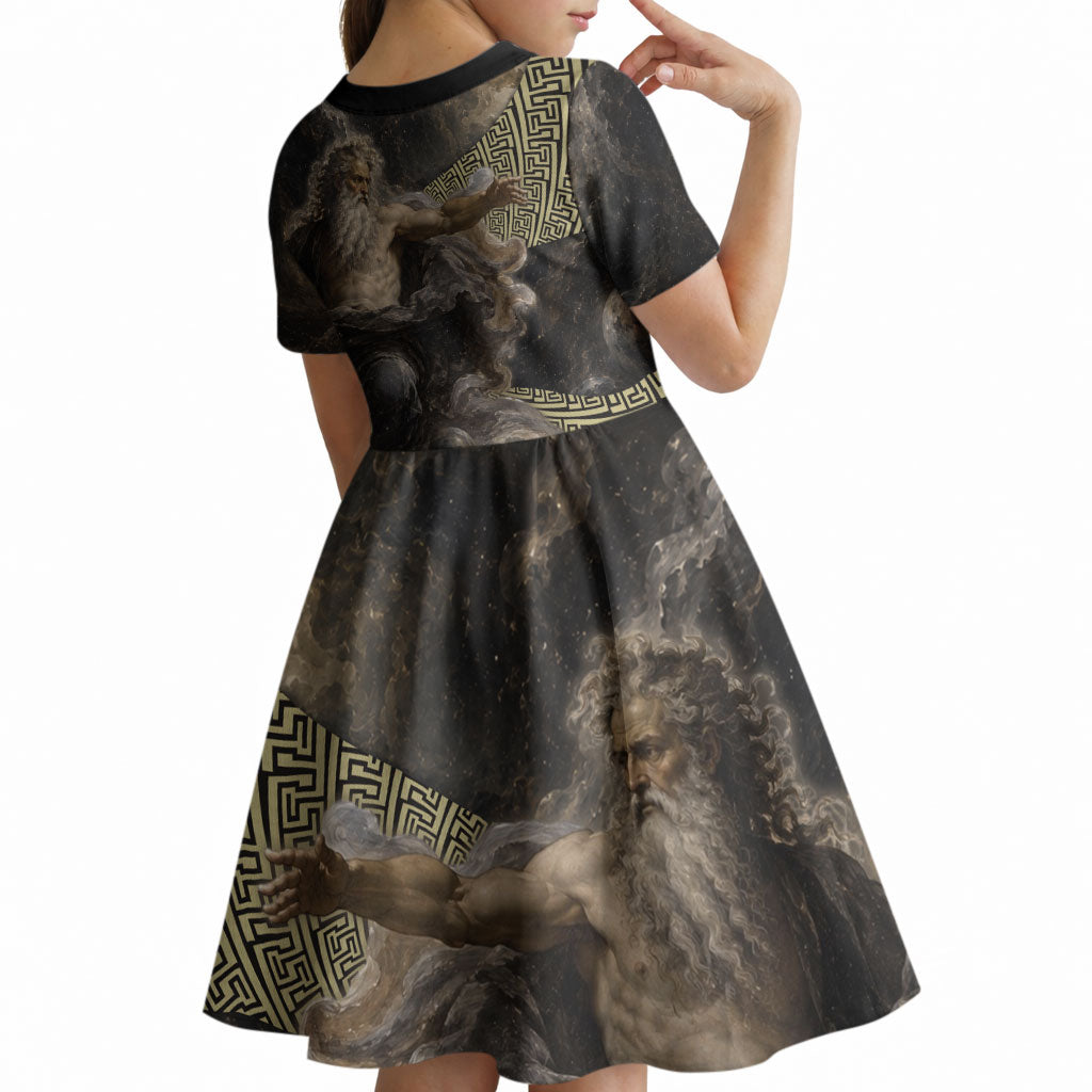 Greek God Of Chaos Kid Short Sleeve Dress Cosmic Nebula Classical Art Greek Key Pattern