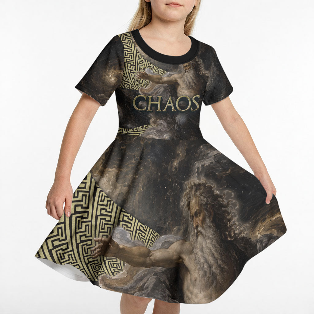 Greek God Of Chaos Kid Short Sleeve Dress Cosmic Nebula Classical Art Greek Key Pattern