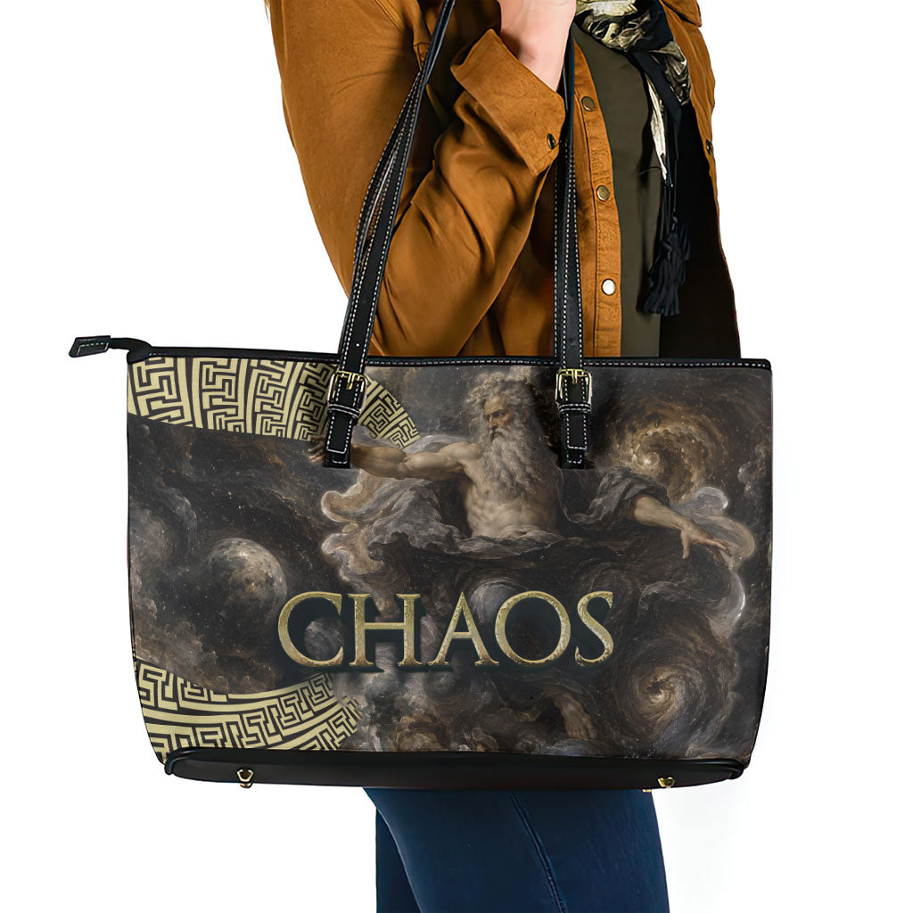Greek God Of Chaos Leather Tote Bag Cosmic Nebula Classical Art Greek Key Pattern