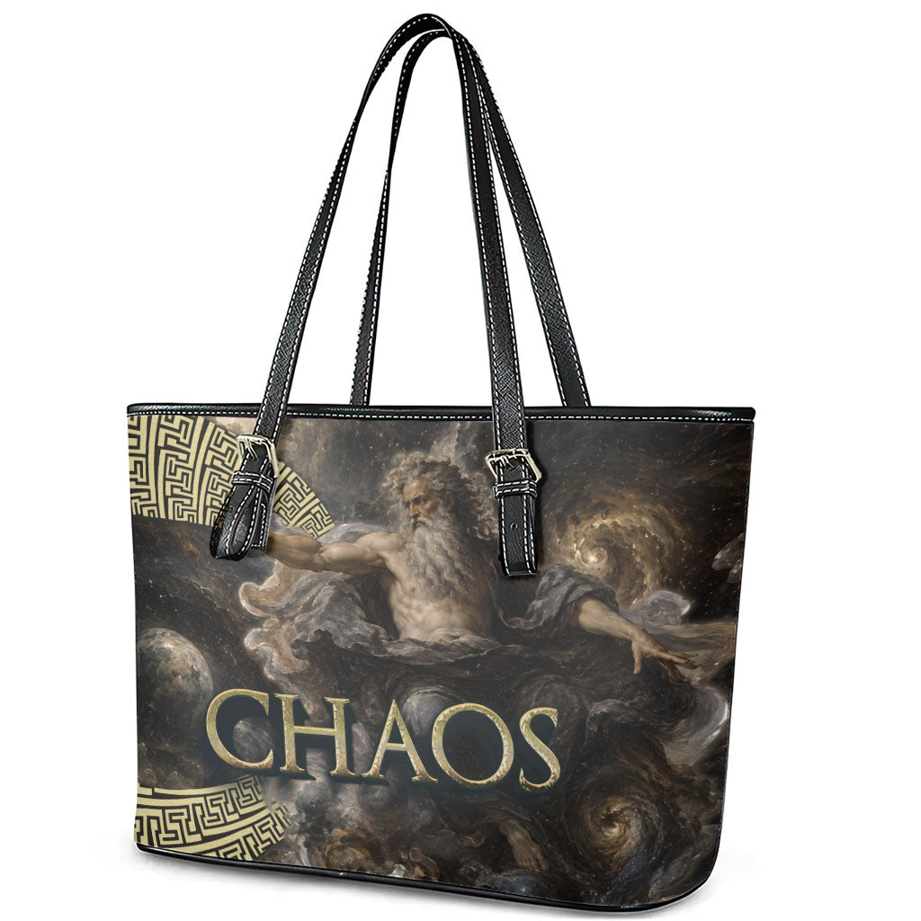 Greek God Of Chaos Leather Tote Bag Cosmic Nebula Classical Art Greek Key Pattern