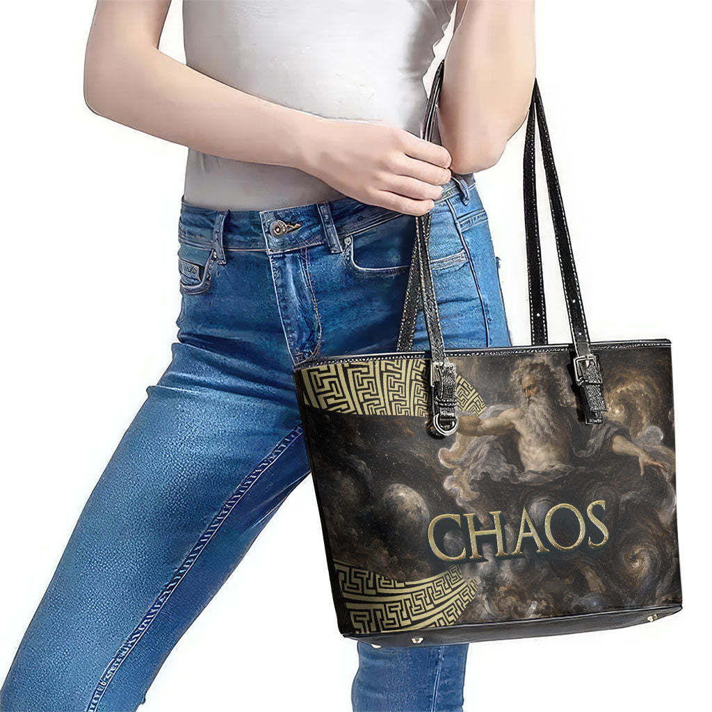 Greek God Of Chaos Leather Tote Bag Cosmic Nebula Classical Art Greek Key Pattern