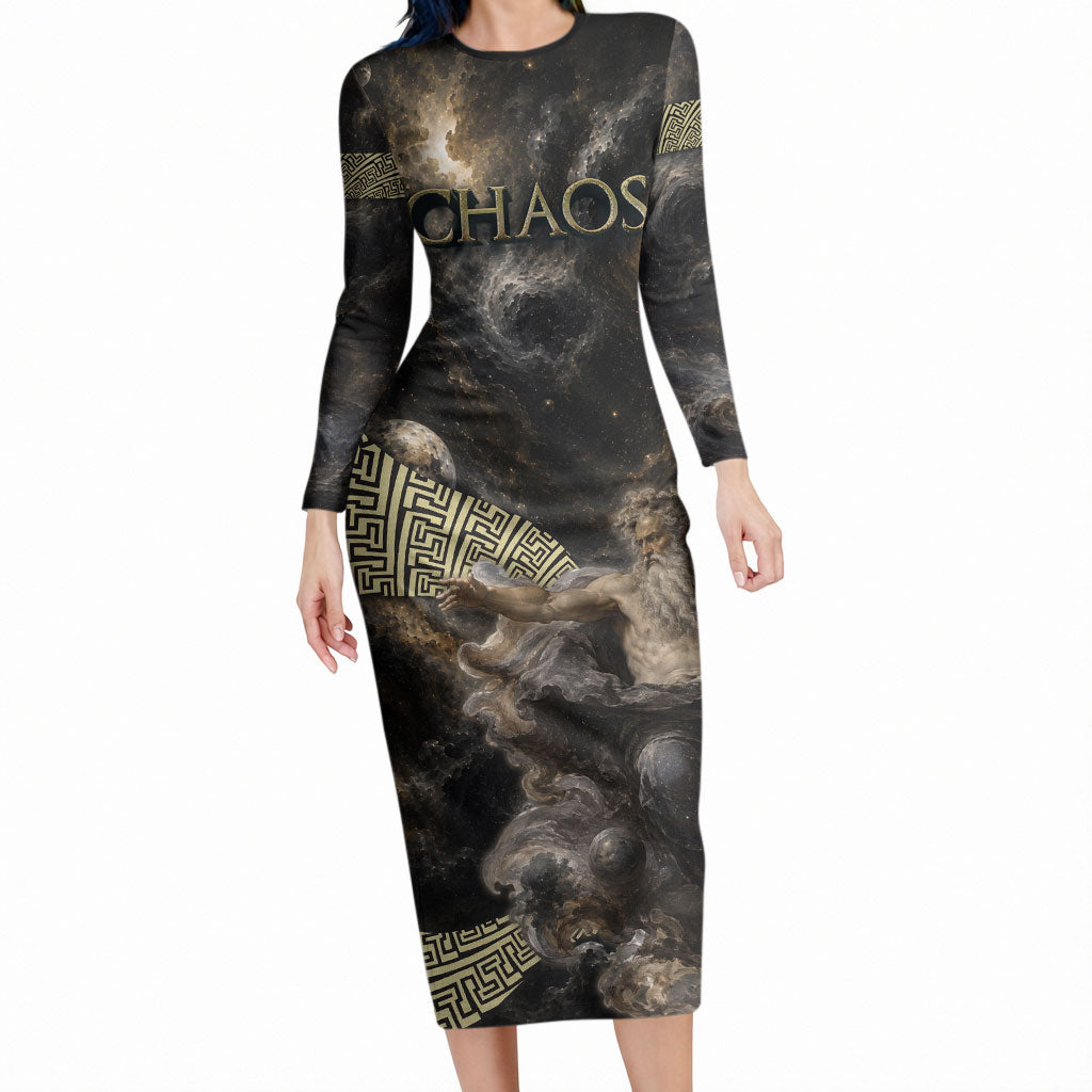 Greek God Of Chaos Long Sleeve Bodycon Dress Cosmic Nebula Classical Art Greek Key Pattern