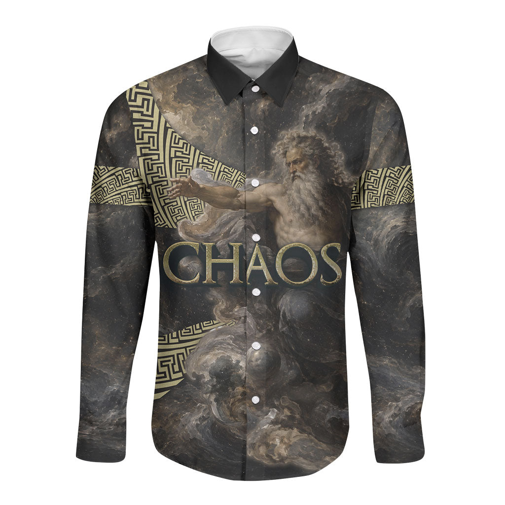 Greek God Of Chaos Long Sleeve Button Shirt Cosmic Nebula Classical Art Greek Key Pattern