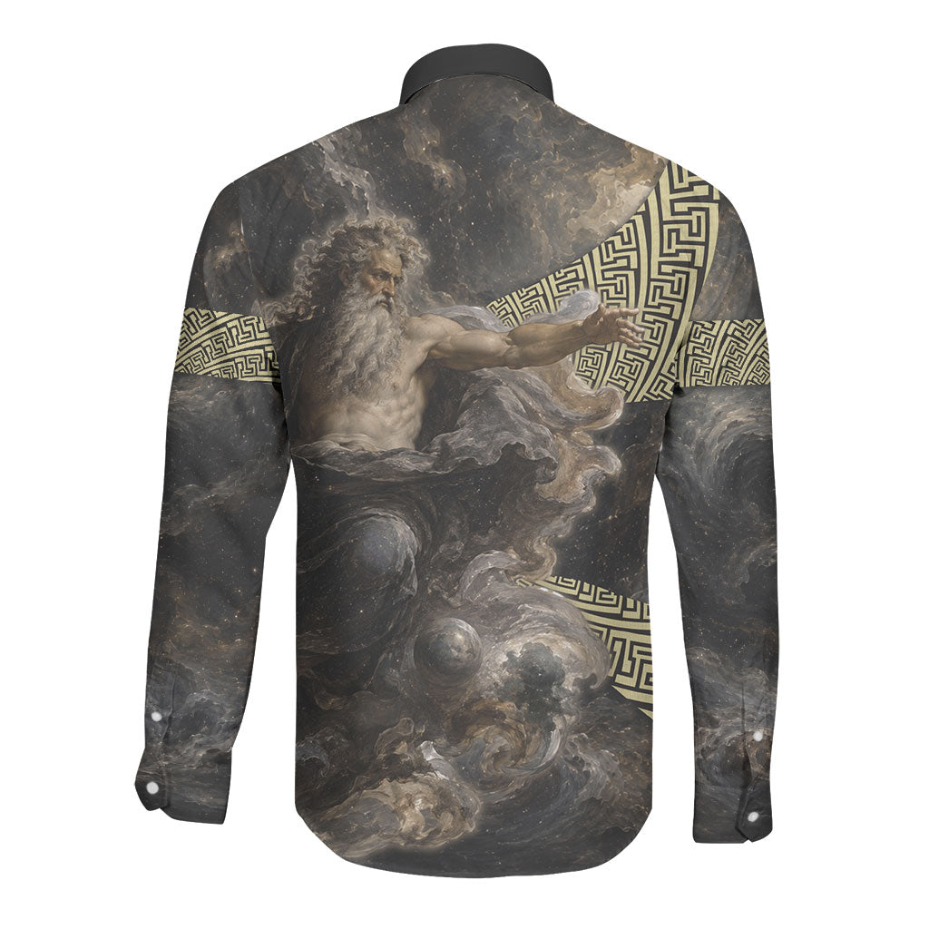 Greek God Of Chaos Long Sleeve Button Shirt Cosmic Nebula Classical Art Greek Key Pattern