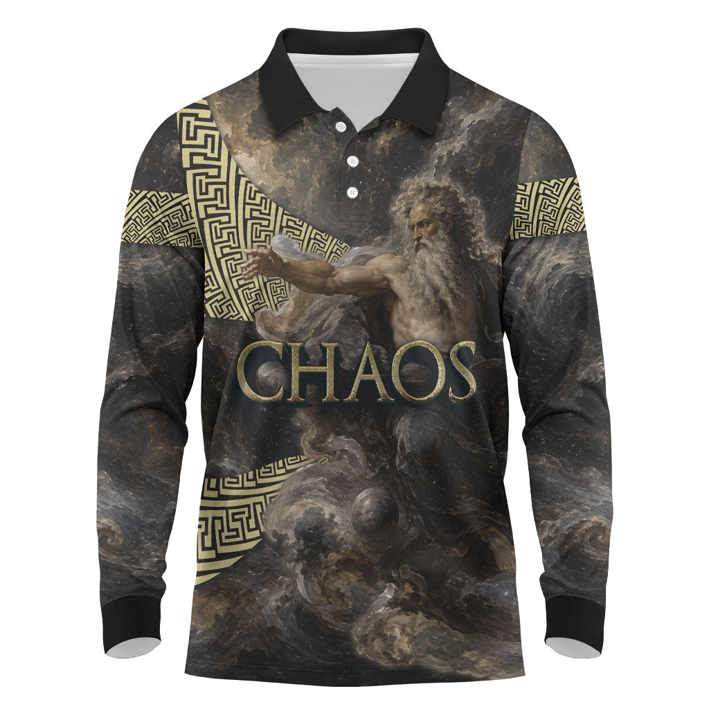 Greek God Of Chaos Long Sleeve Polo Shirt Cosmic Nebula Classical Art Greek Key Pattern