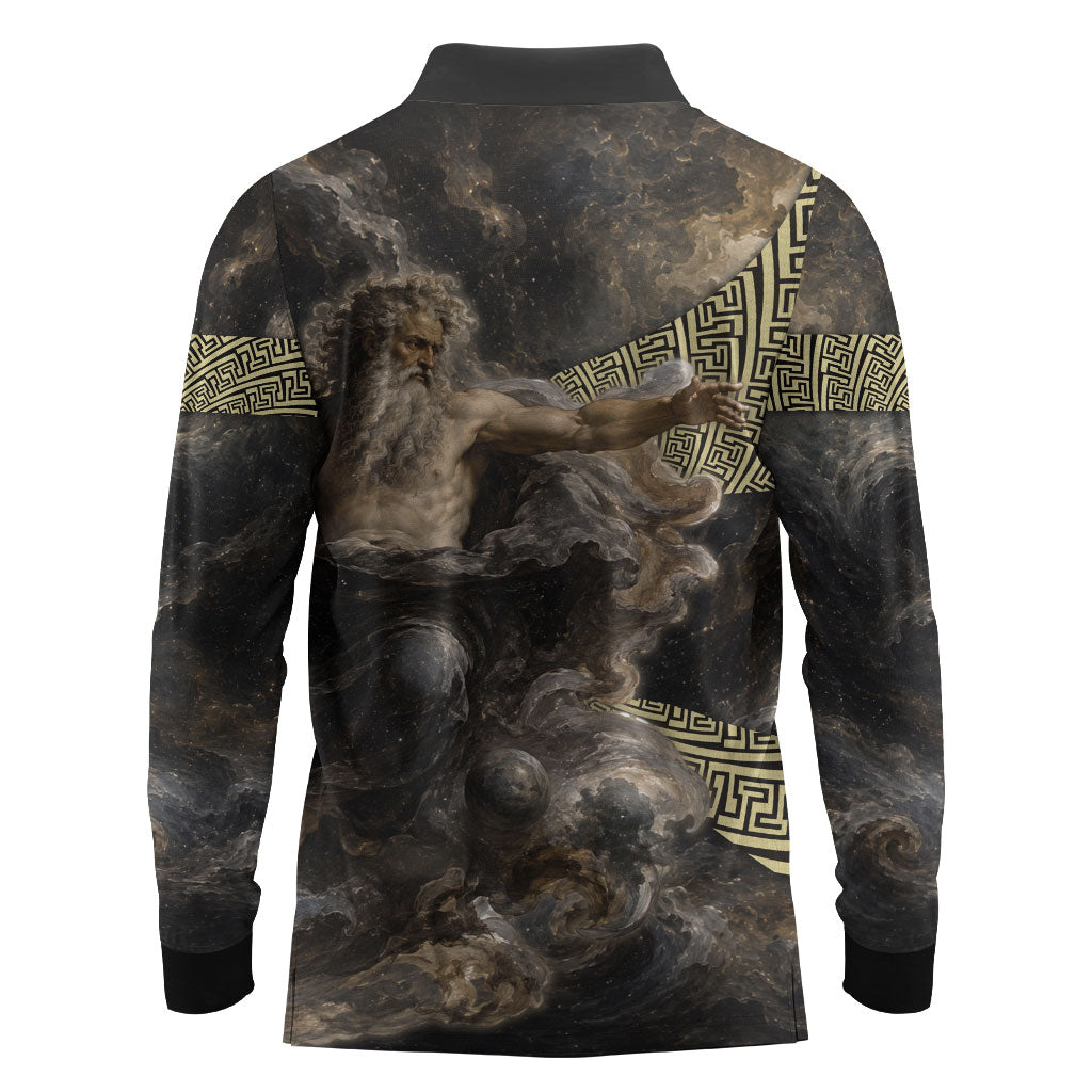 Greek God Of Chaos Long Sleeve Polo Shirt Cosmic Nebula Classical Art Greek Key Pattern