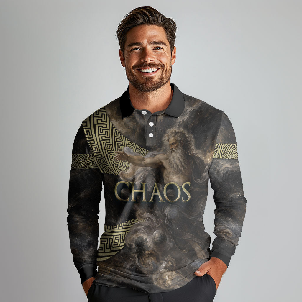 Greek God Of Chaos Long Sleeve Polo Shirt Cosmic Nebula Classical Art Greek Key Pattern