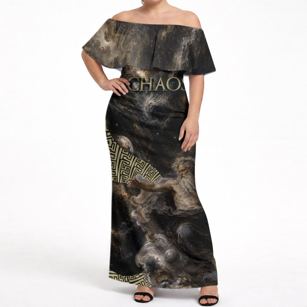 Greek God Of Chaos Off Shoulder Maxi Dress Cosmic Nebula Classical Art Greek Key Pattern