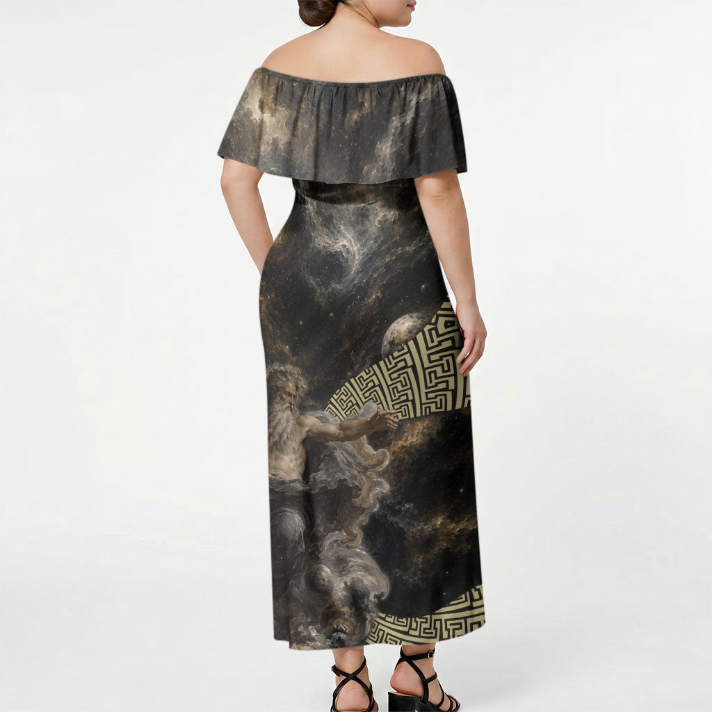 Greek God Of Chaos Off Shoulder Maxi Dress Cosmic Nebula Classical Art Greek Key Pattern