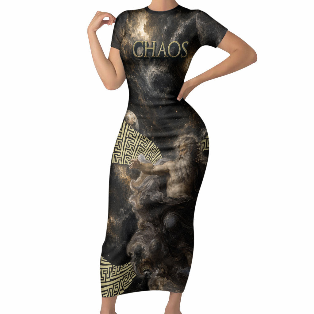 Greek God Of Chaos Short Sleeve Bodycon Dress Cosmic Nebula Classical Art Greek Key Pattern