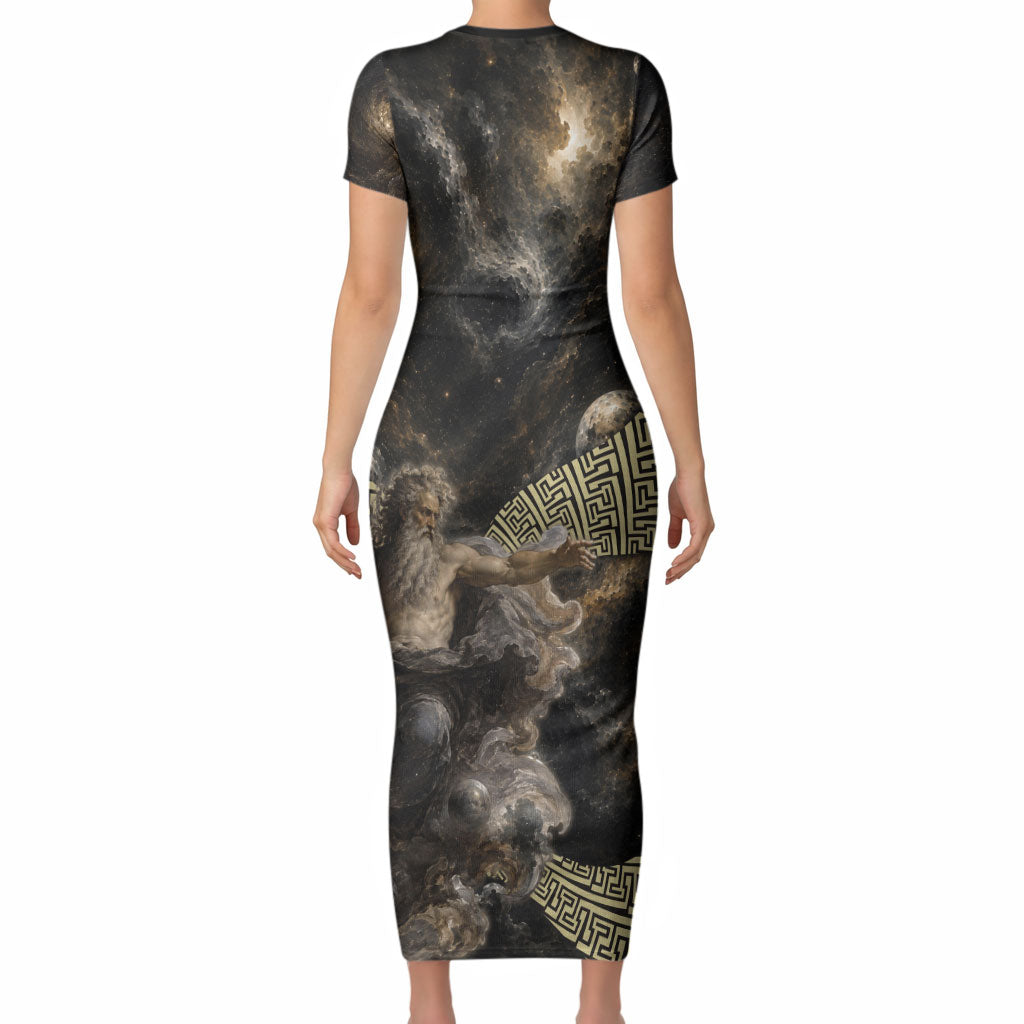 Greek God Of Chaos Short Sleeve Bodycon Dress Cosmic Nebula Classical Art Greek Key Pattern