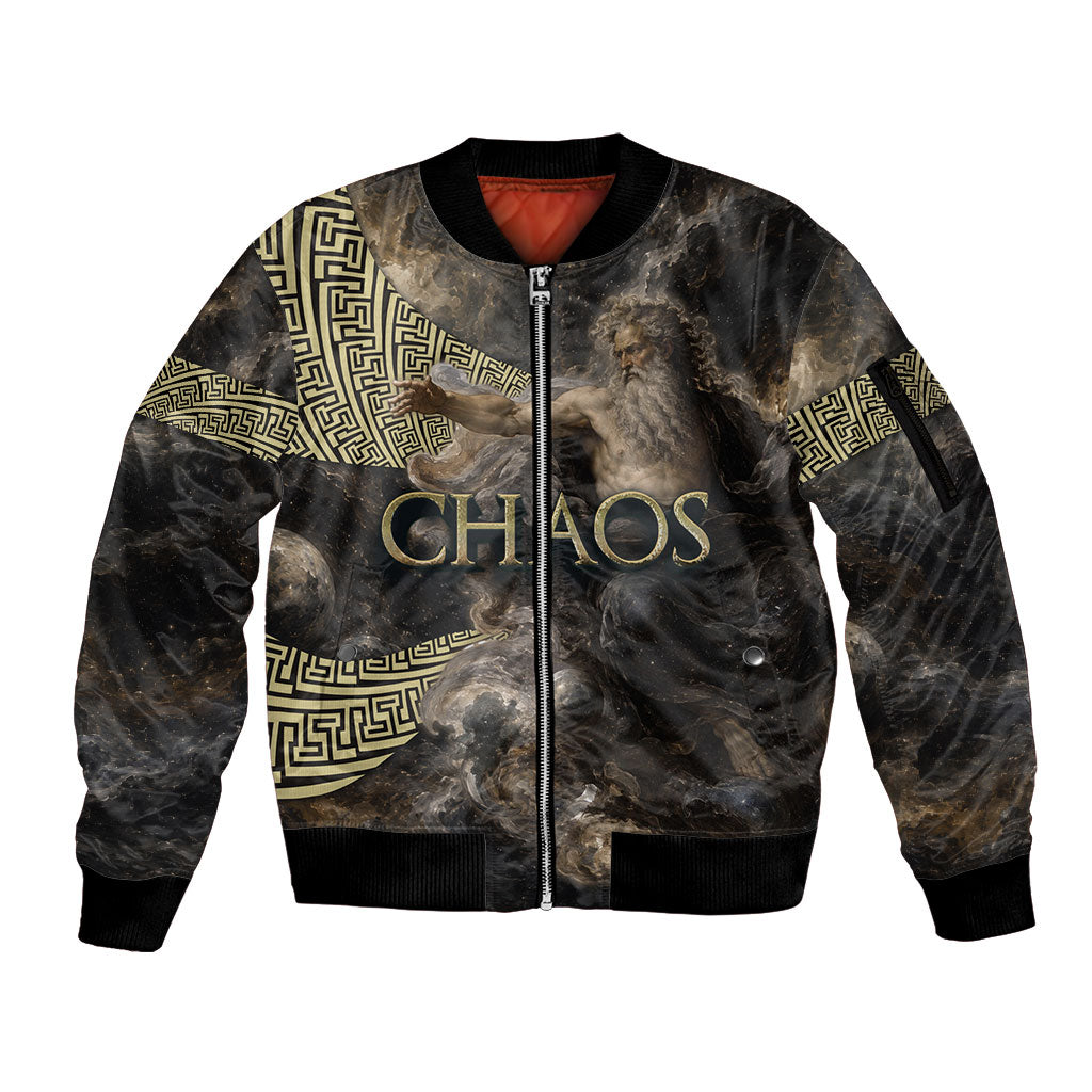 Greek God Of Chaos Sleeve Zip Bomber Jacket Cosmic Nebula Classical Art Greek Key Pattern