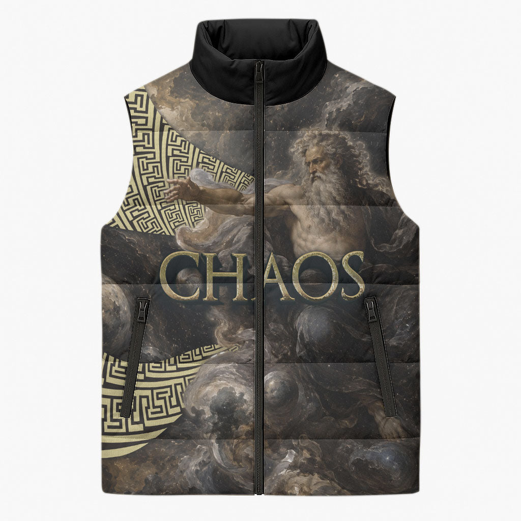 Greek God Of Chaos Sleeveless Puffer Jacket Cosmic Nebula Classical Art Greek Key Pattern
