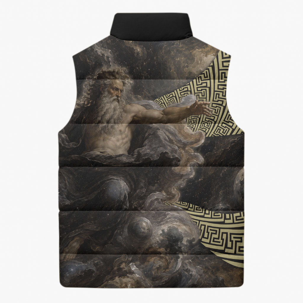 Greek God Of Chaos Sleeveless Puffer Jacket Cosmic Nebula Classical Art Greek Key Pattern