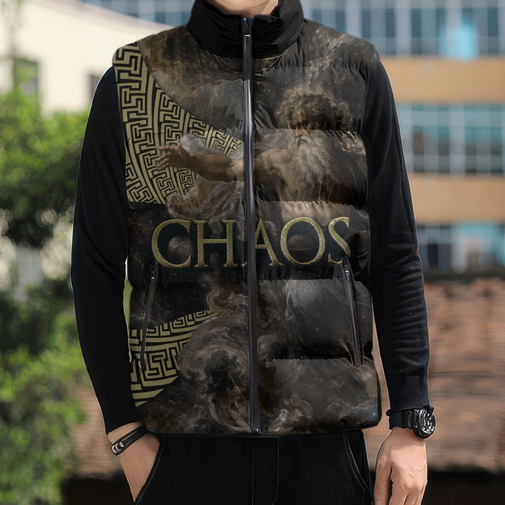 Greek God Of Chaos Sleeveless Puffer Jacket Cosmic Nebula Classical Art Greek Key Pattern