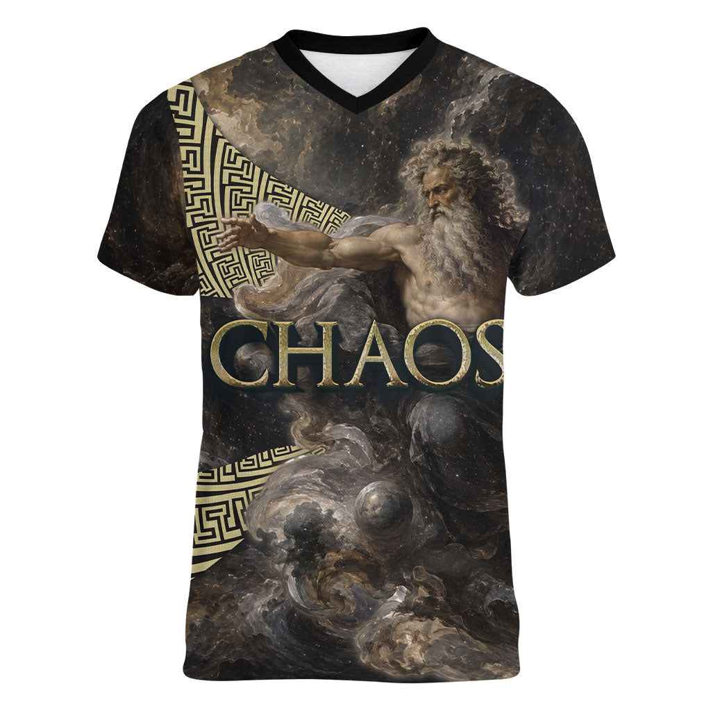 Greek God Of Chaos Women V-Neck T-Shirt Cosmic Nebula Classical Art Greek Key Pattern