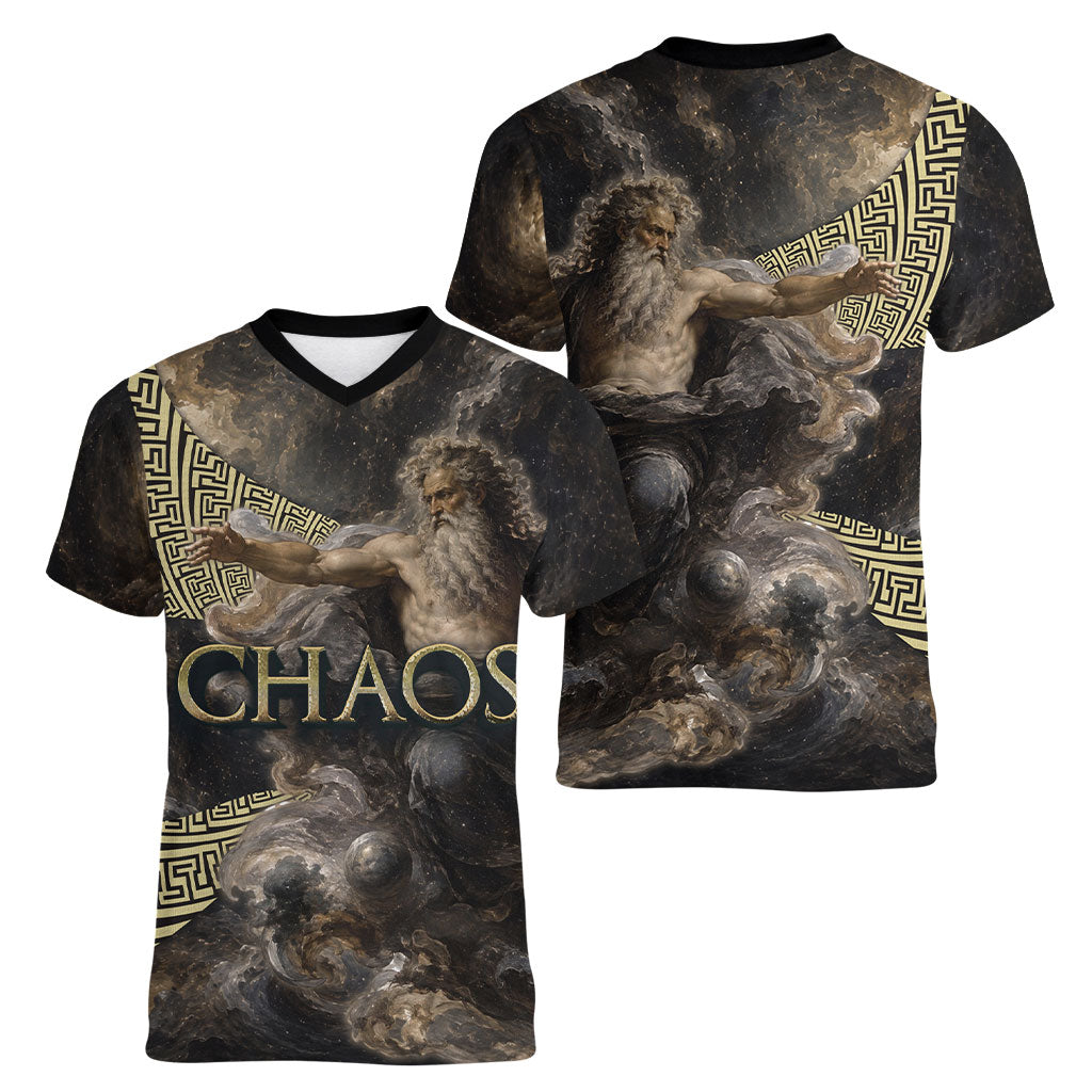 Greek God Of Chaos Women V-Neck T-Shirt Cosmic Nebula Classical Art Greek Key Pattern