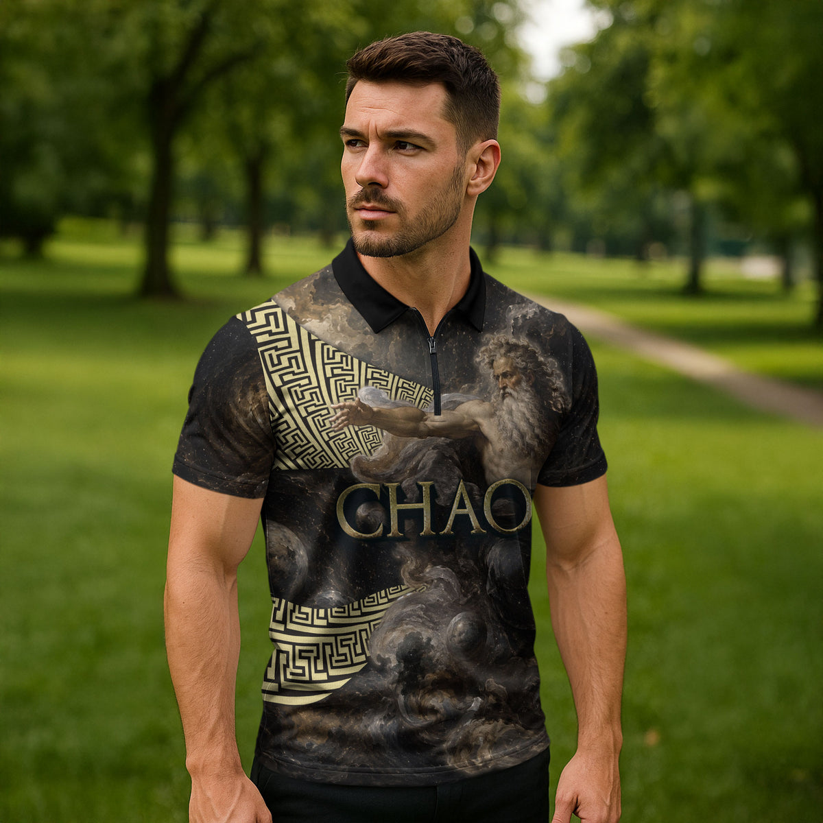 Greek God Of Chaos Zipper Polo Shirt Cosmic Nebula Classical Art Greek Key Pattern