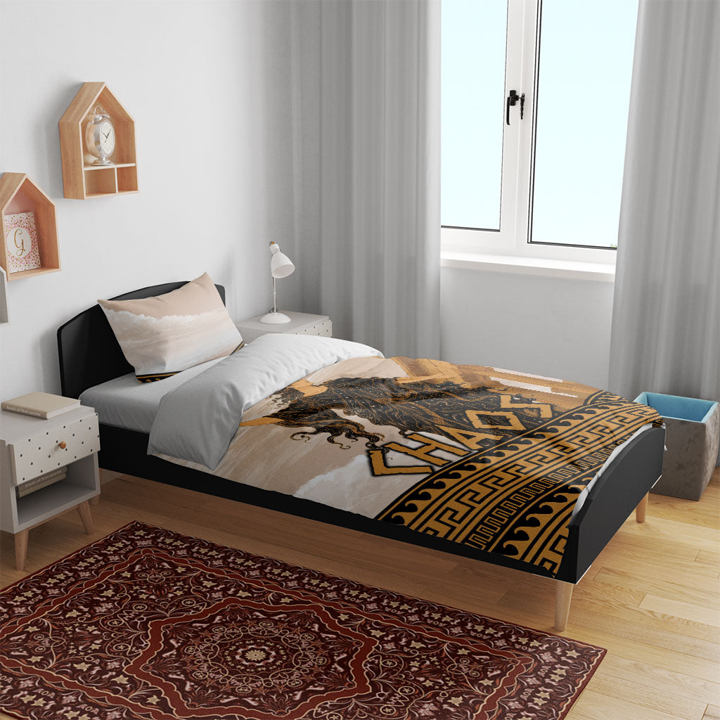 Greek Mythology Chaos Bedding Set Ancient Temple Ruins Classical Art Greek Key Pattern