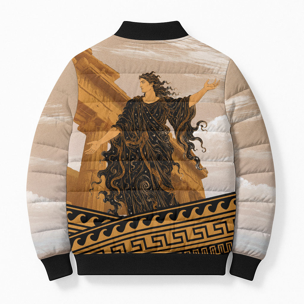 Greek Mythology Chaos Bomber Puffer Jacket Ancient Temple Ruins Classical Art Greek Key Pattern