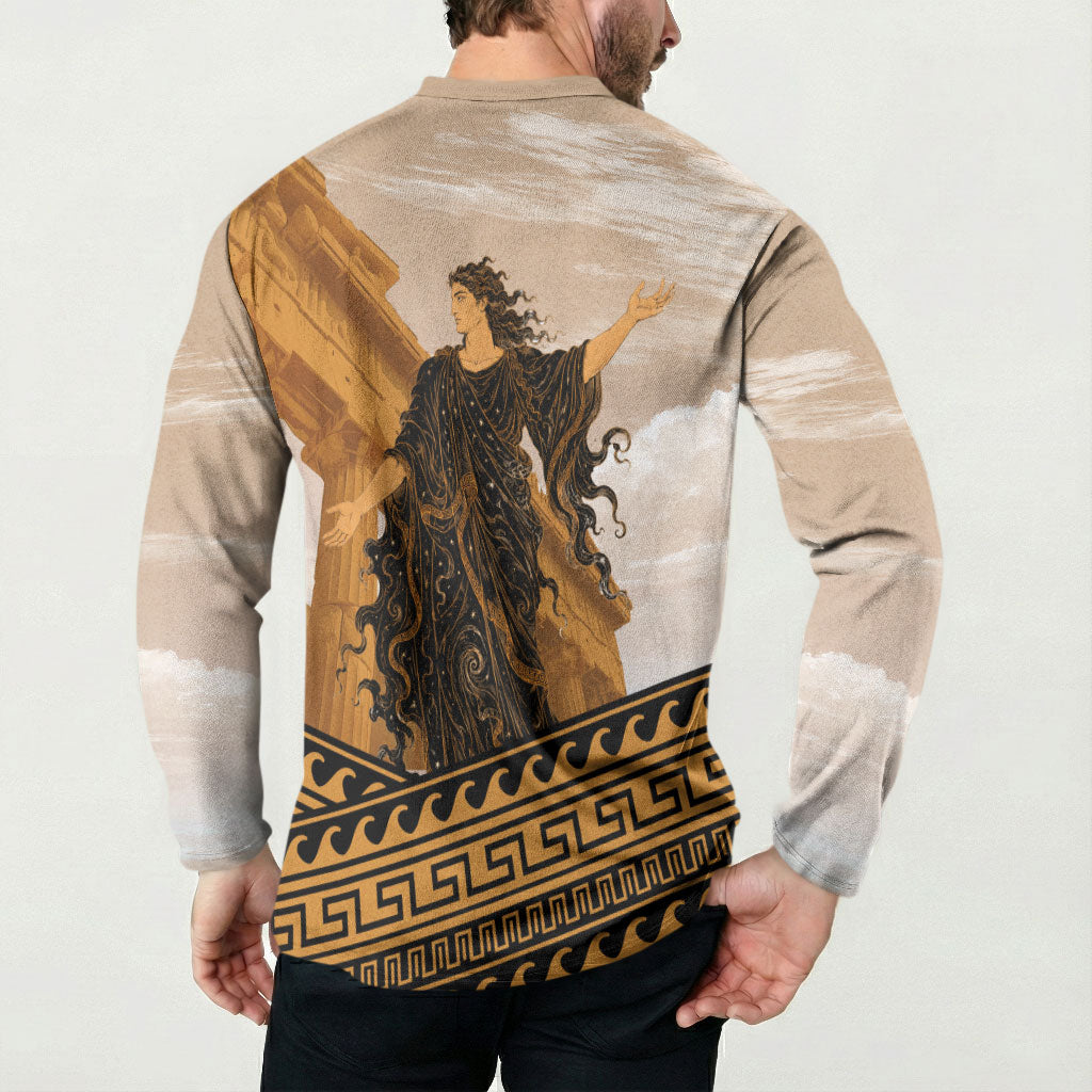 Greek Mythology Chaos Button Sweatshirt Ancient Temple Ruins Classical Art Greek Key Pattern