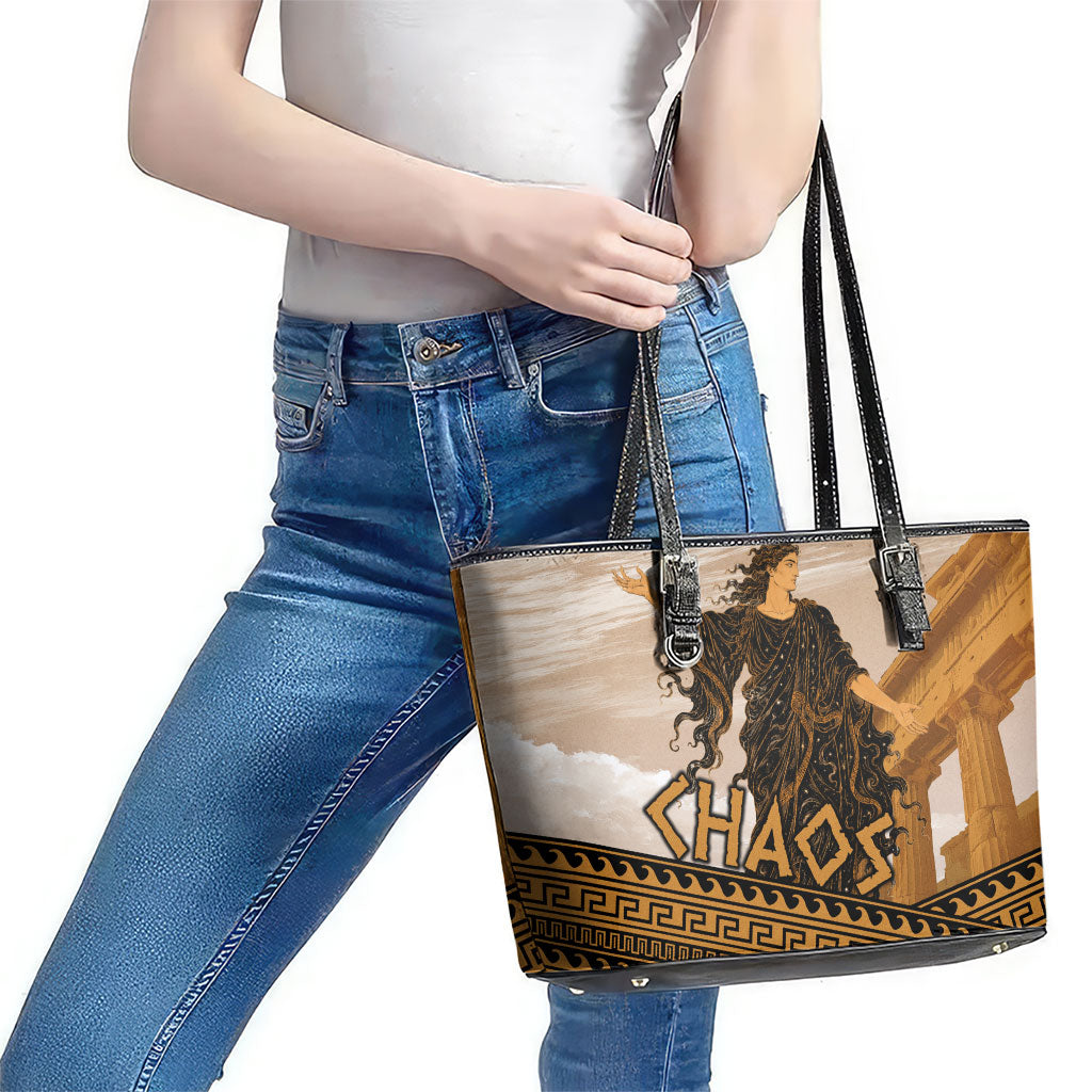 Greek Mythology Chaos Leather Tote Bag Ancient Temple Ruins Classical Art Greek Key Pattern
