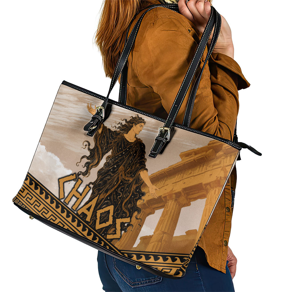 Greek Mythology Chaos Leather Tote Bag Ancient Temple Ruins Classical Art Greek Key Pattern