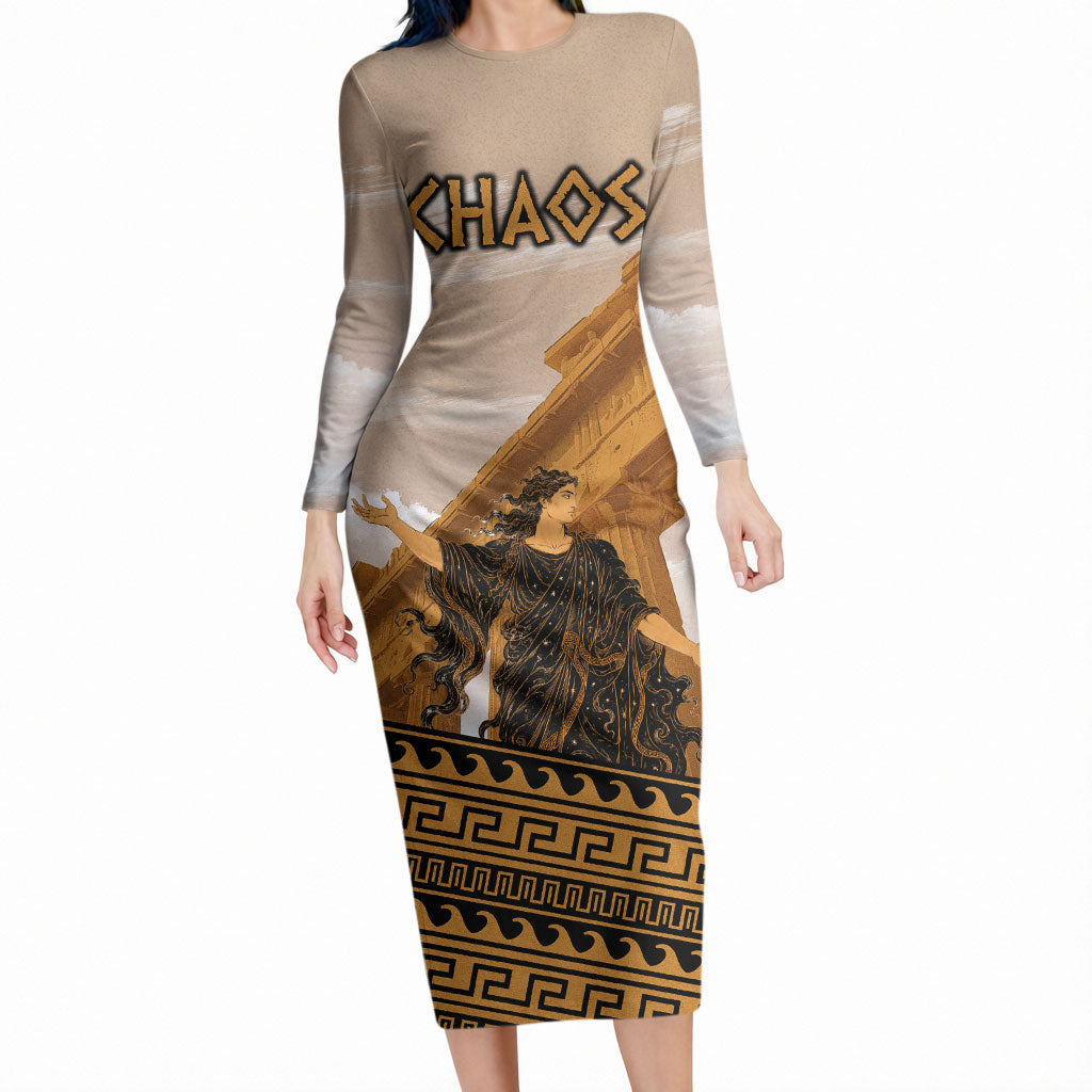 Greek Mythology Chaos Long Sleeve Bodycon Dress Ancient Temple Ruins Classical Art Greek Key Pattern