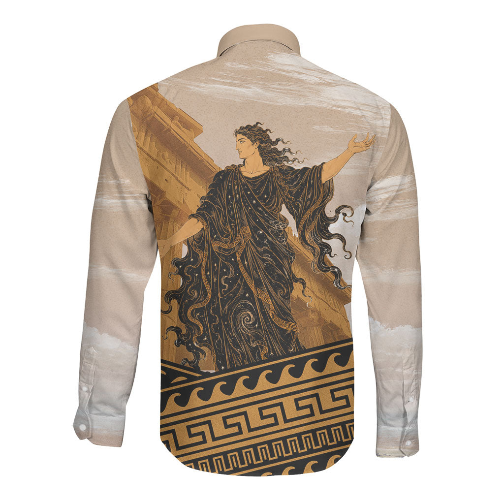 Greek Mythology Chaos Long Sleeve Button Shirt Ancient Temple Ruins Classical Art Greek Key Pattern