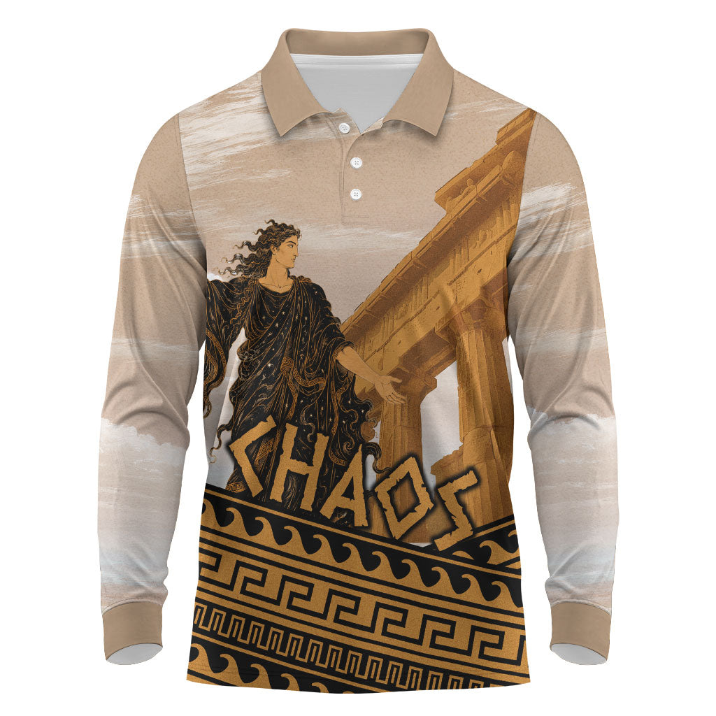 Greek Mythology Chaos Long Sleeve Polo Shirt Ancient Temple Ruins Classical Art Greek Key Pattern