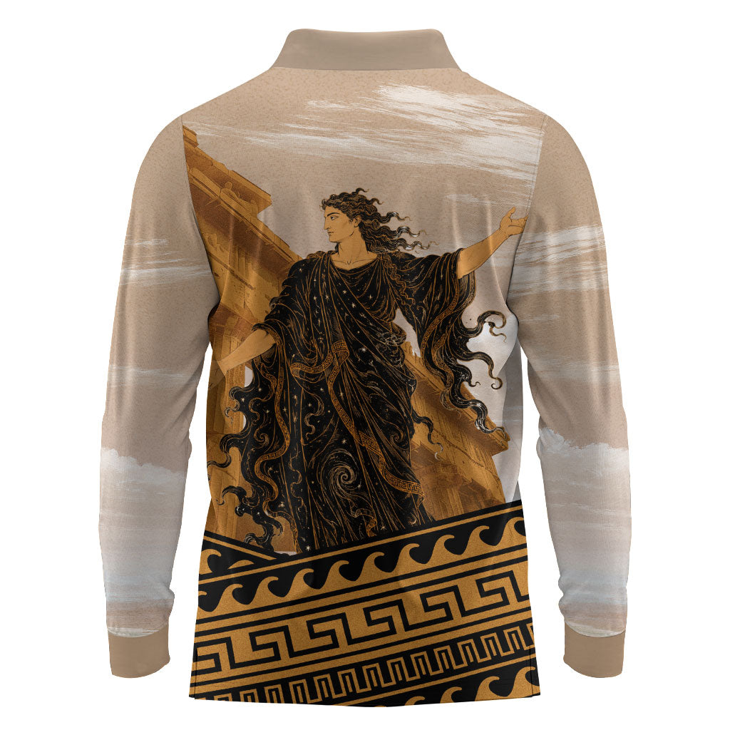 Greek Mythology Chaos Long Sleeve Polo Shirt Ancient Temple Ruins Classical Art Greek Key Pattern