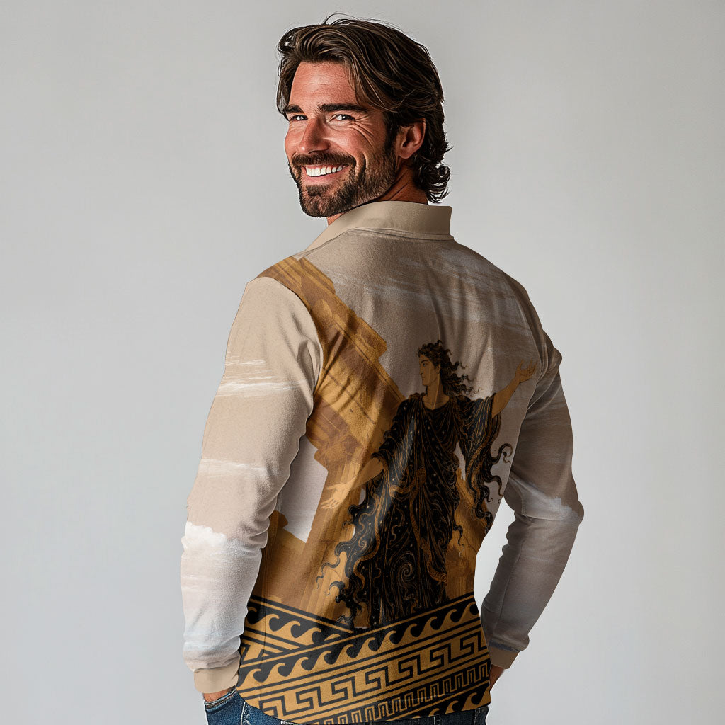 Greek Mythology Chaos Long Sleeve Polo Shirt Ancient Temple Ruins Classical Art Greek Key Pattern