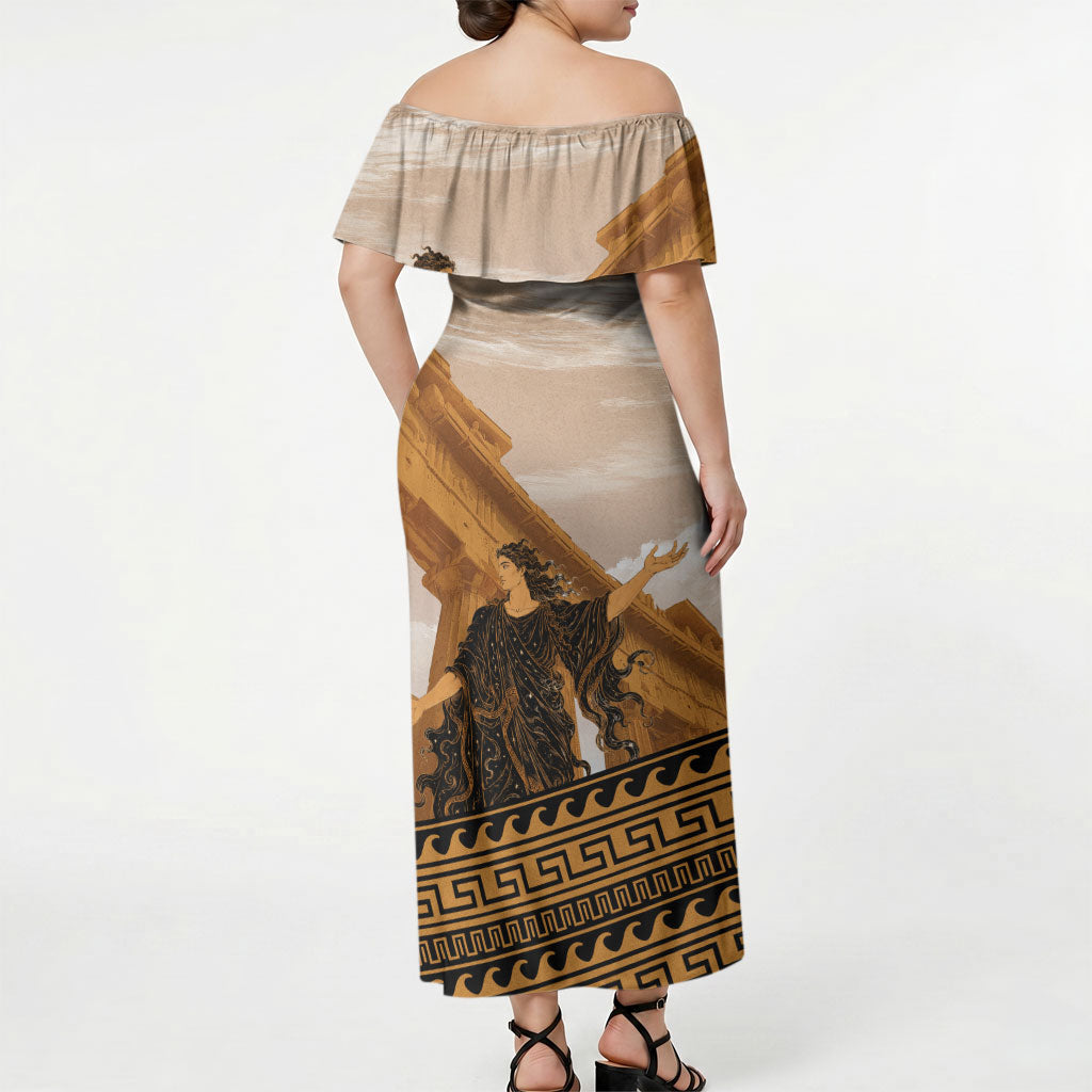 Greek Mythology Chaos Off Shoulder Maxi Dress Ancient Temple Ruins Classical Art Greek Key Pattern