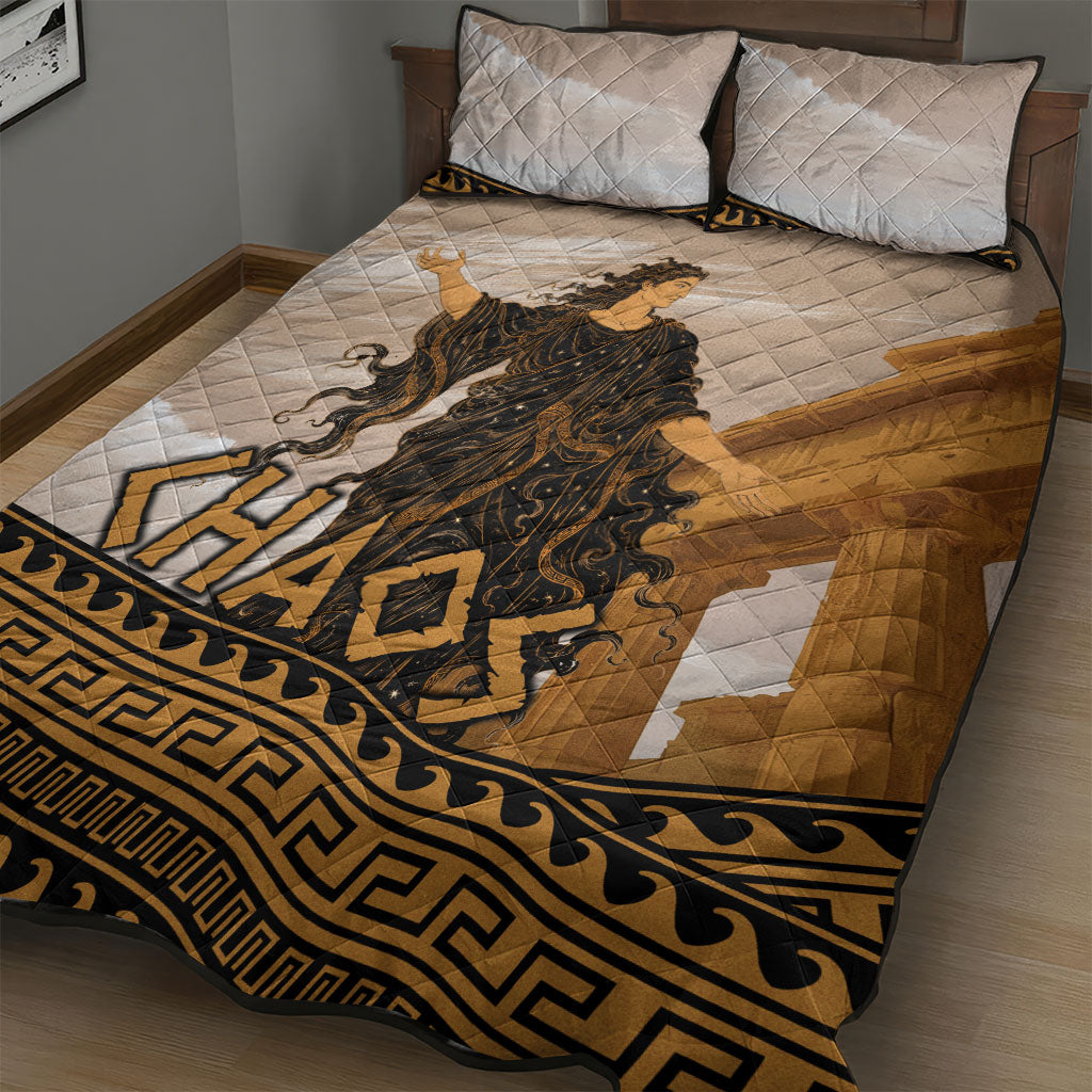 Greek Mythology Chaos Quilt Bed Set Ancient Temple Ruins Classical Art Greek Key Pattern