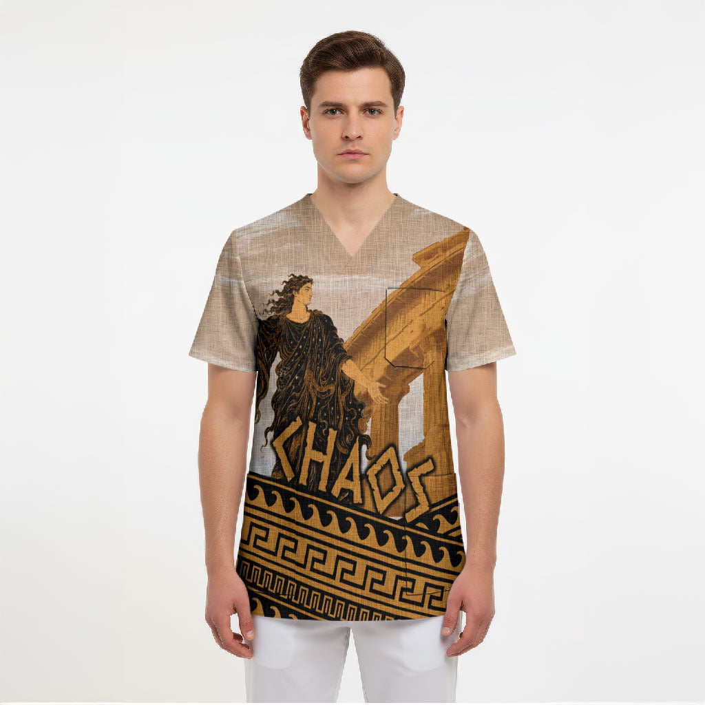 Greek Mythology Chaos Scrub Top Ancient Temple Ruins Classical Art Greek Key Pattern