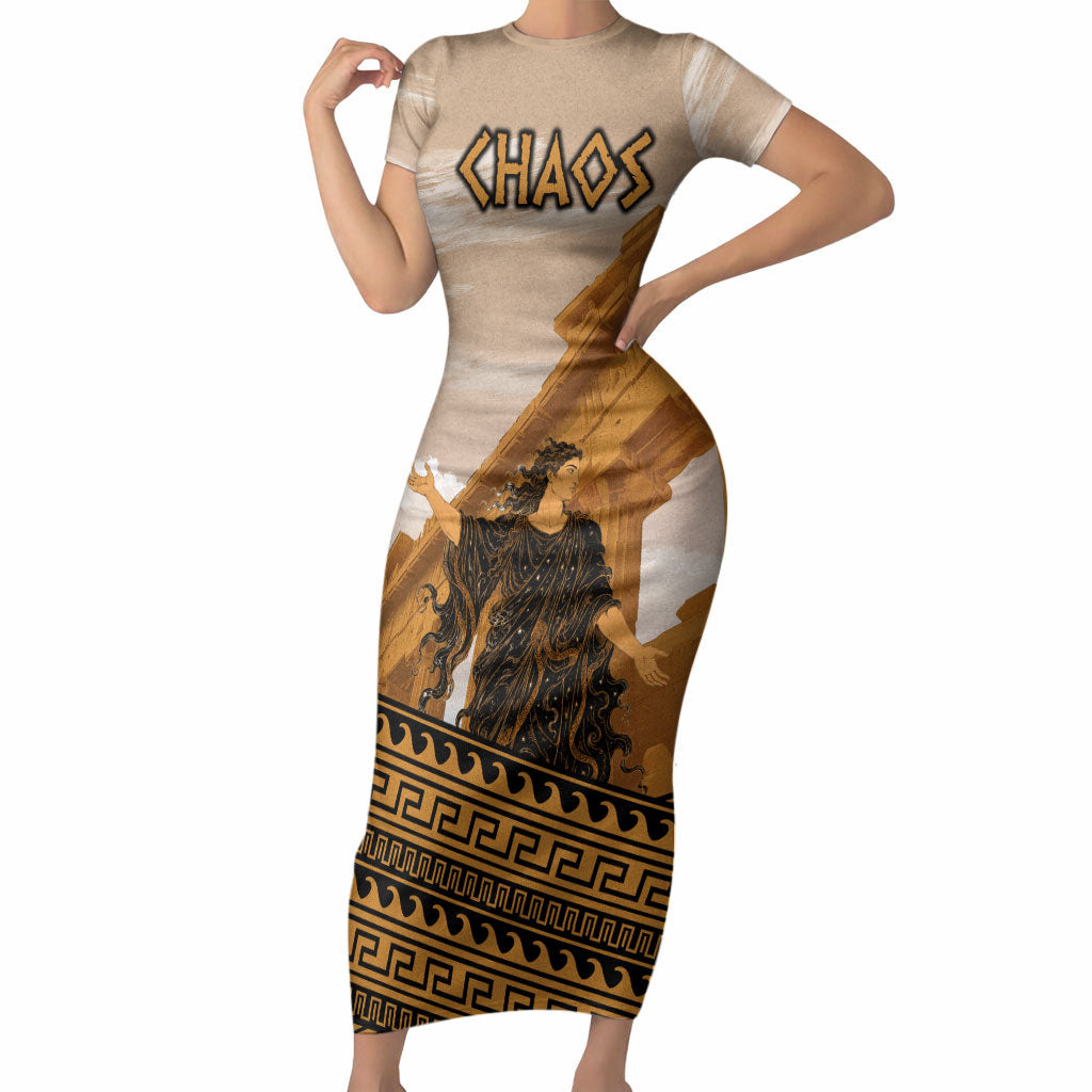 Greek Mythology Chaos Short Sleeve Bodycon Dress Ancient Temple Ruins Classical Art Greek Key Pattern