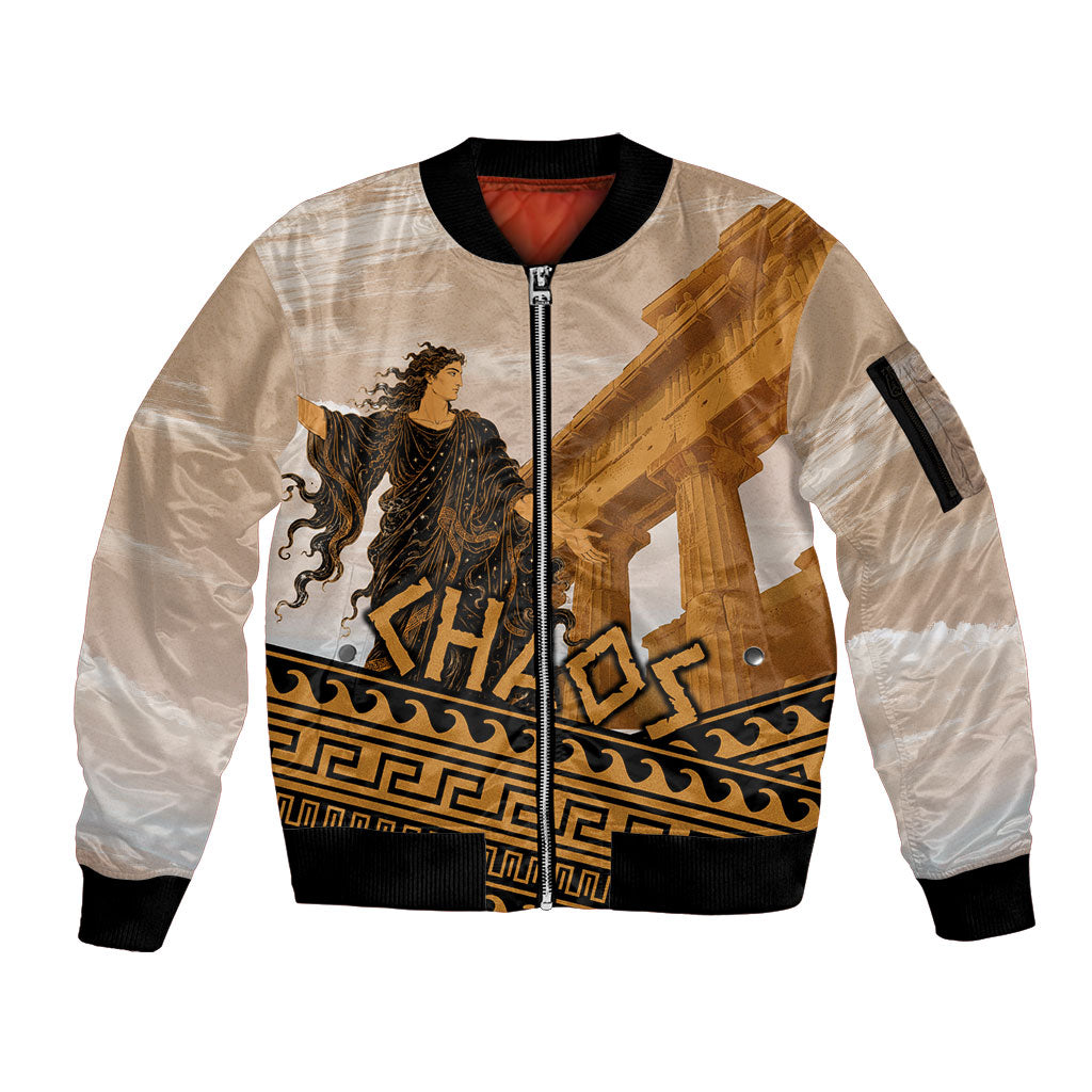 Greek Mythology Chaos Sleeve Zip Bomber Jacket Ancient Temple Ruins Classical Art Greek Key Pattern