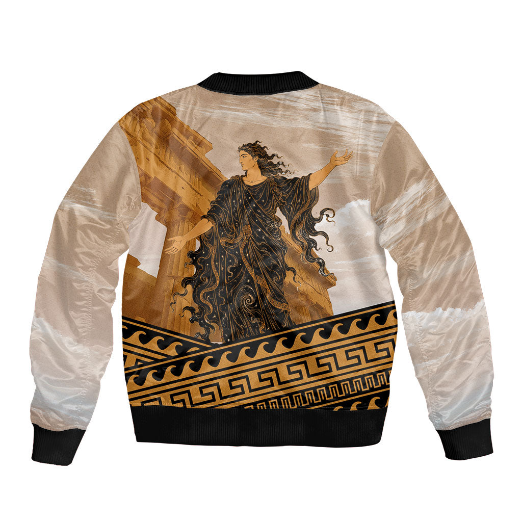 Greek Mythology Chaos Sleeve Zip Bomber Jacket Ancient Temple Ruins Classical Art Greek Key Pattern