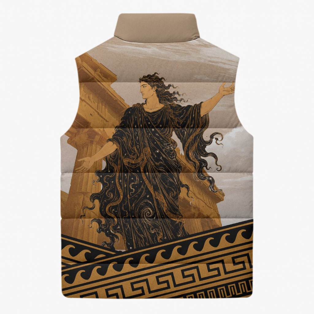 Greek Mythology Chaos Sleeveless Puffer Jacket Ancient Temple Ruins Classical Art Greek Key Pattern