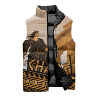 Greek Mythology Chaos Sleeveless Puffer Jacket Ancient Temple Ruins Classical Art Greek Key Pattern